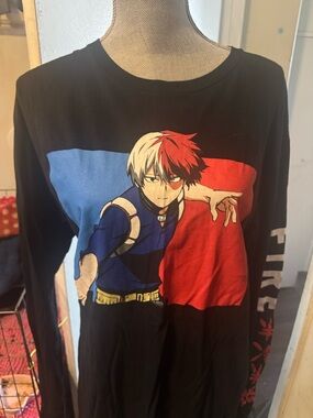 Hot Topic Black Long Sleeve Tee with Red & Blue Anime Graphic